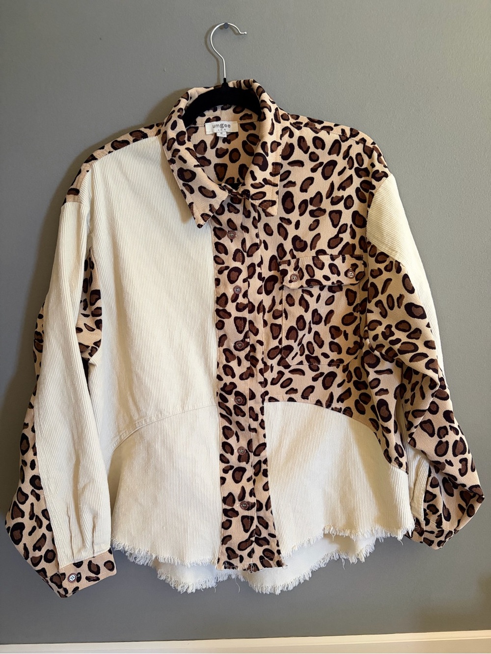 Umgee Leopard & Cream Patchwork Corduroy Shacket Raw Hem Oversized Western Boho